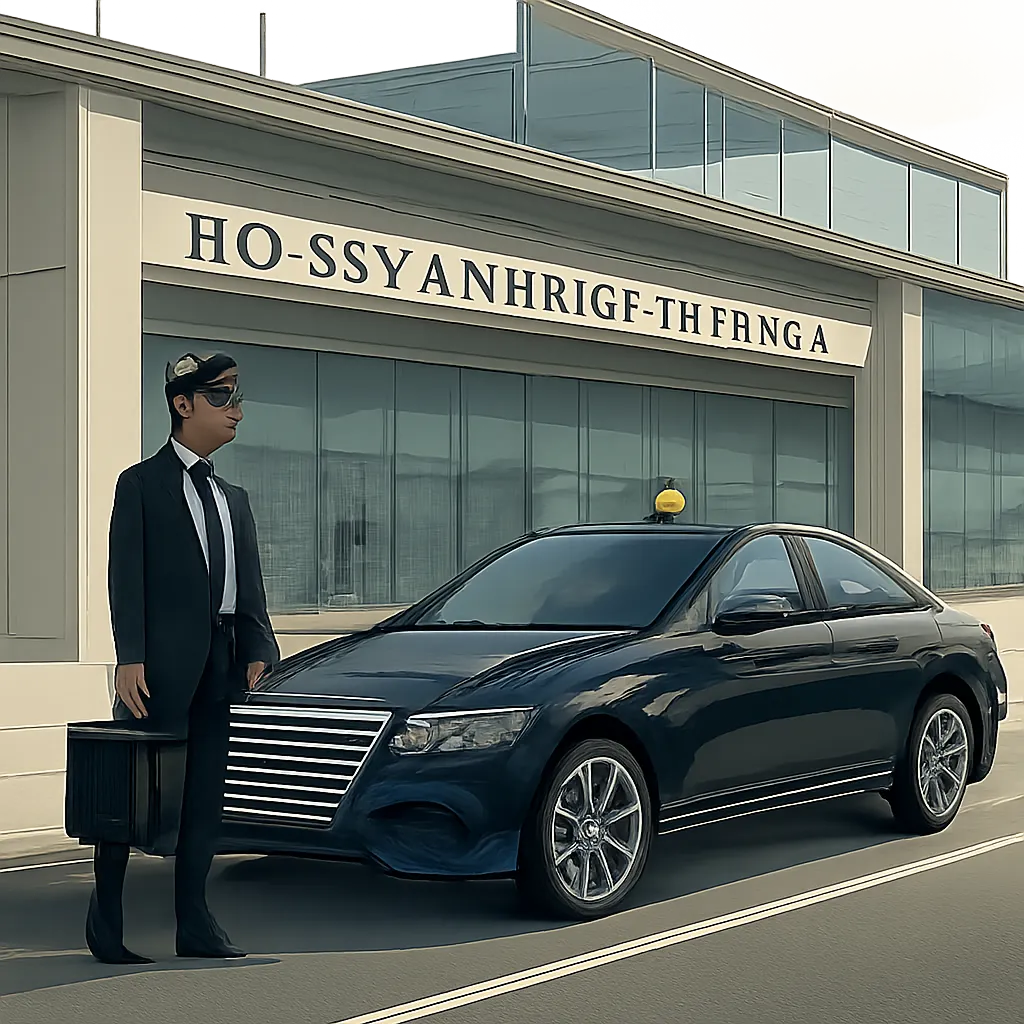 Illustration d’un taxi aéroport CDG prêt à accueillir un voyageur avec ses bagages. L’ambiance est professionnelle, rassurante et orientée transfert premium vers Paris.